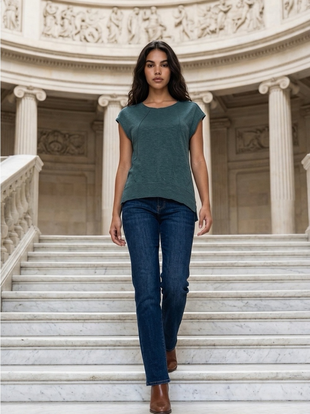 Eileen Fisher Women Small Green Distinctive Asymmetrical Hem Organic Linen Cotto